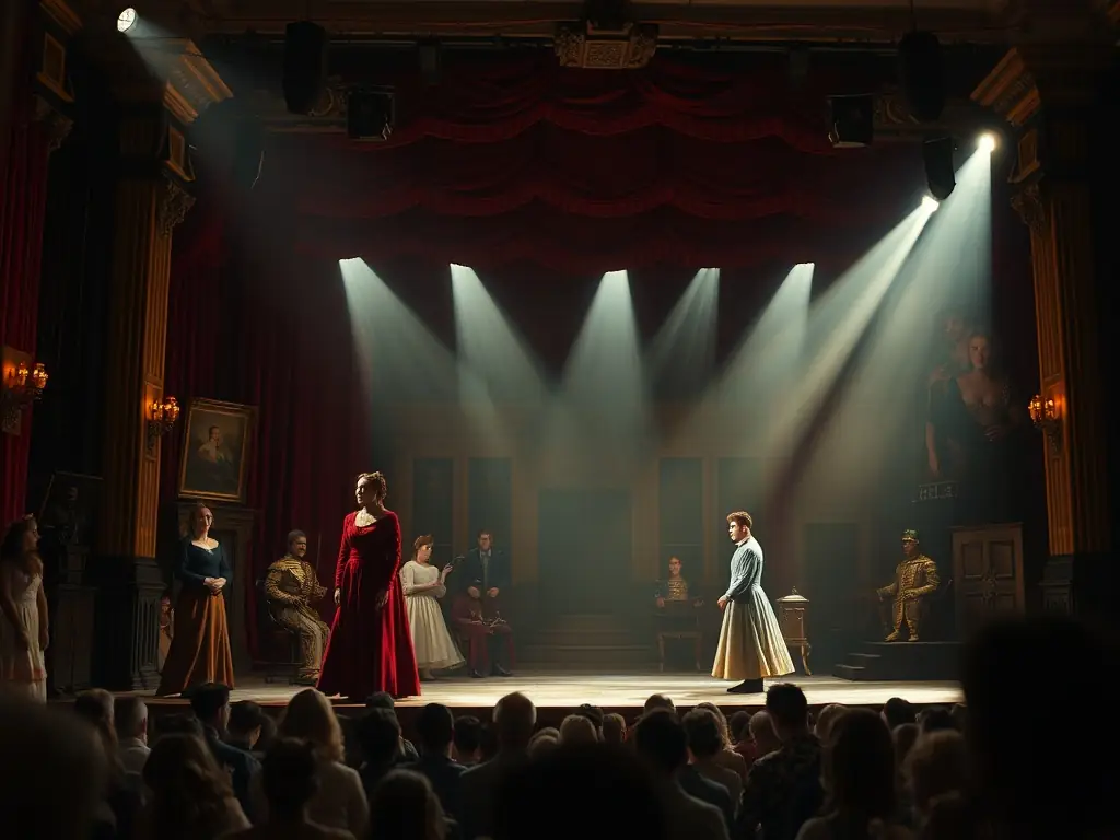 A dynamic and colorful image showcasing a theatrical performance with actors in costume, performing on a stage with dramatic lighting and engaging the audience.
