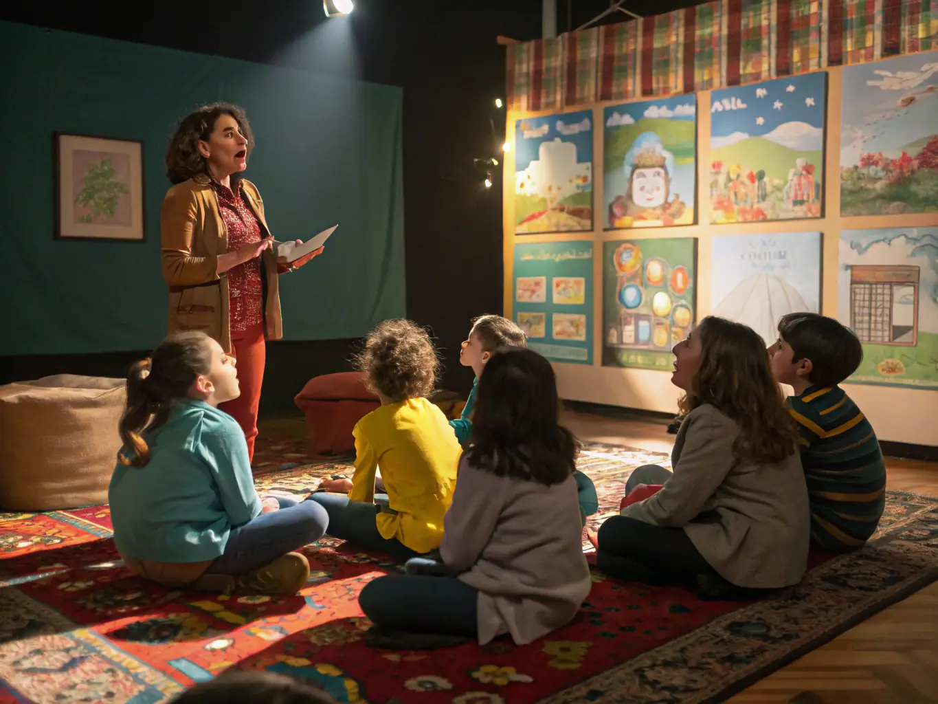 A vibrant and engaging image depicting a storyteller captivating a group of children with expressive gestures and colorful props, set in a cozy and inviting environment.