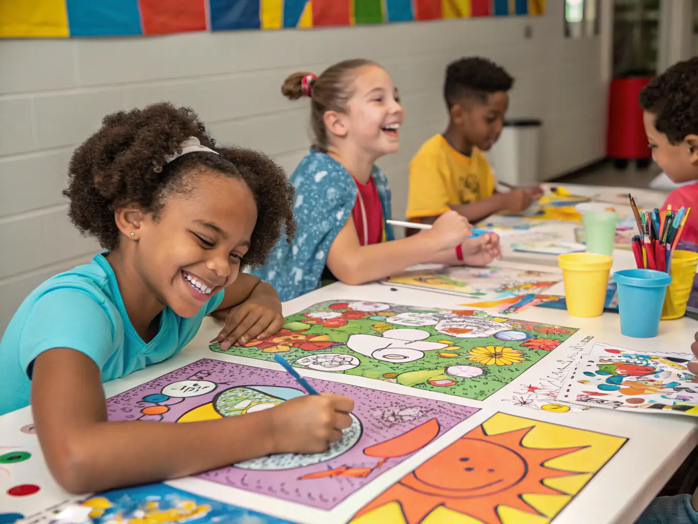 A creative and inspiring image featuring children participating in an art workshop, surrounded by art supplies and creating colorful artwork under the guidance of an instructor.